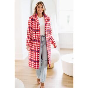 NWT Red and blue houndstooth plaid pea coat